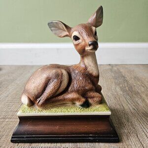 Vintage Porcelain Fawn Lying On Grass Figurine  HR 124A78 Signed M Takai 1978.